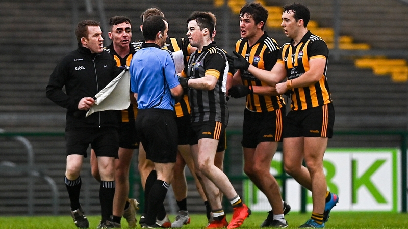 Mountbellew/Moylough players remonstrating with referee Jerome Henry after the Connacht semi-final