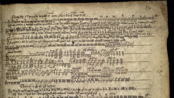 An excerpt from the Book of Ballymote (1390), the Auraicept na n-Éces explaining Ogham script.