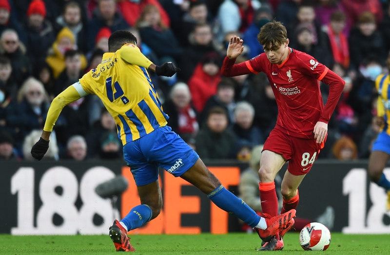 Conor Bradley (R) in action against Shrewsbury