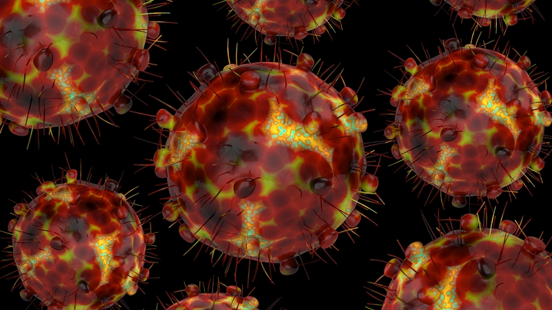 A computer generated image of multiple copies of Omicron super variant of coronavirus