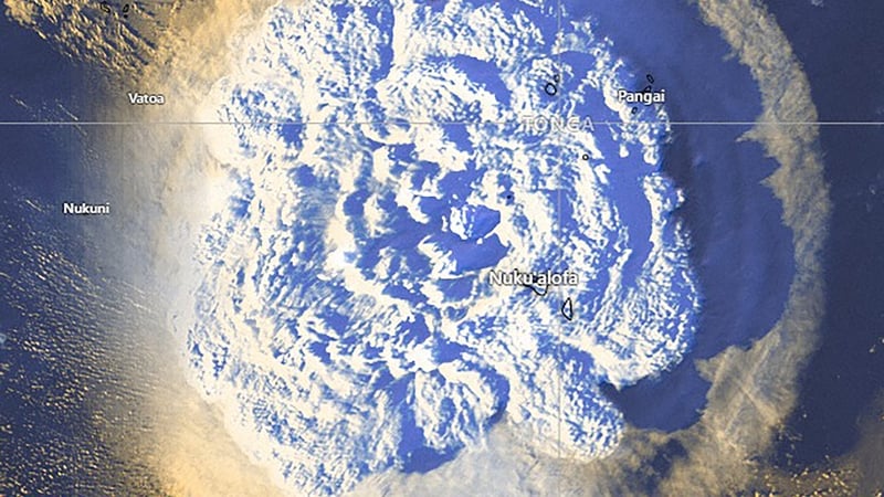 A satellite image from the Tonga Meteorological Service shows the explosive eruption of the Hunga Tonga-Hunga Ha'apai volcano