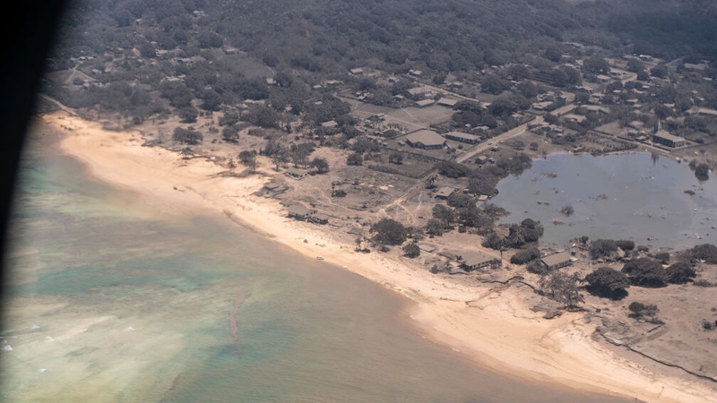 This New Zealand Defence Force handout image shows an aerial view of heavy ash fall on Nomuka, Tonga