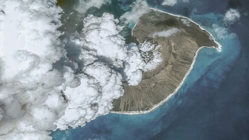 Satellite imagery shows the Hunga Tonga-Hunga Ha'apai volcano on Christmas Eve 2021, before the eruption on 14 January