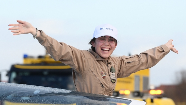Zara Rutherford reacts as she arrives back at Kortrijk-Wevelgem Airport