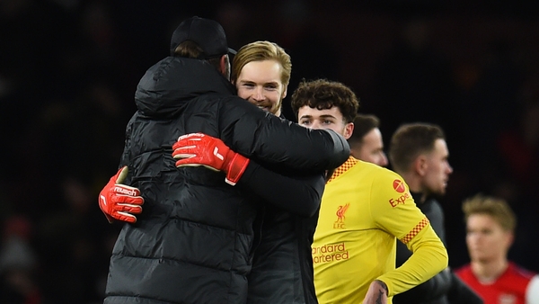 Jurgen Klopp and Caoimhin Kelleher share an embrace after the final whistle