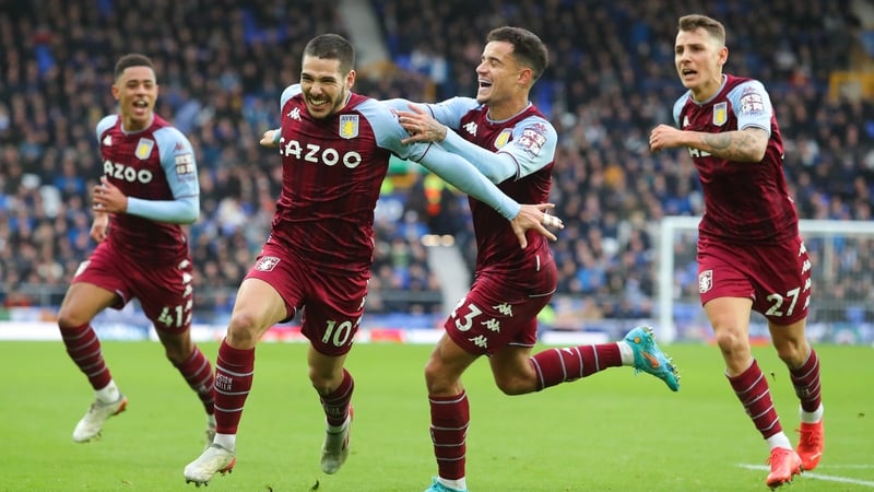 Emiliano Buendia celebrates the only goal of the game at Goodison Park