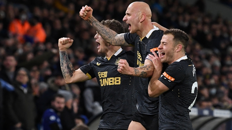 Jonjo Shelvey celebrates his match-winning strike at Elland Road