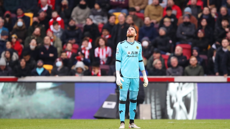 Jose Sa of Wolverhampton Wanderers watches the drone fly above the stadium