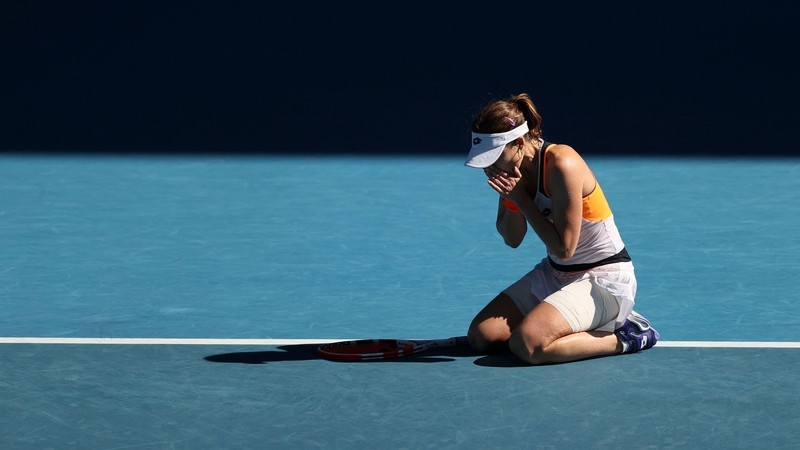 Alize Cornet celebrates her win against Romania's Simona Halep