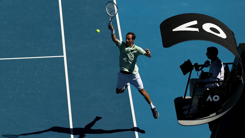 Daniil Medvedev volleys from the tramlines on Margaret Court Arena