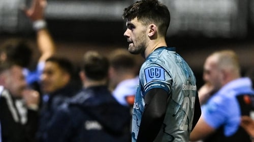Harry Byrne watches on as the Cardiff players celebrate their late win
