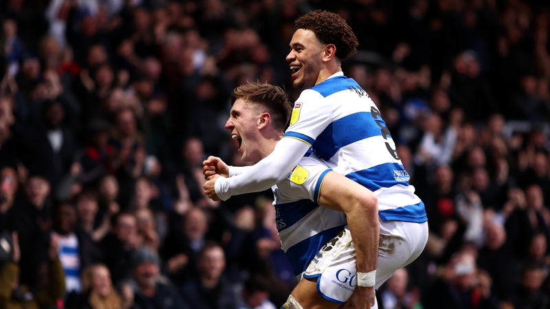 Jimmy Dunne celebrates with Luke Amos after scoring