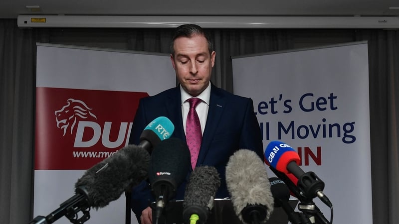 Paul Givan pictured at a press conference announcing his resignation as Northern Ireland First Minister