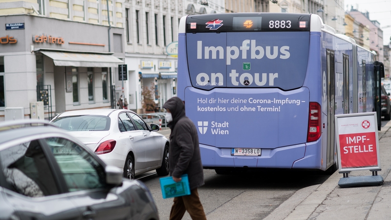 A bus that has been converted into a mobile vaccination centre is pictured in Vienna this week