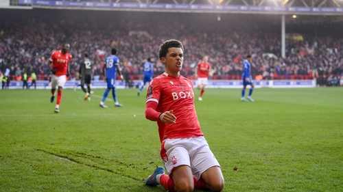 Brennan Johnson of Nottingham Forest celebrates after scoring their second goal