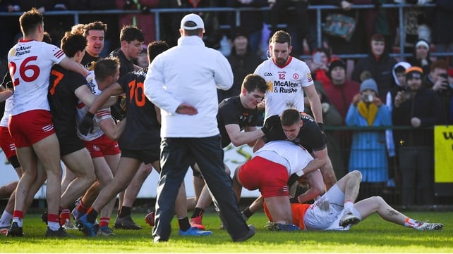 6 February: A late flare-up in the league match between Armagh and Tyrone saw five players receive red cards