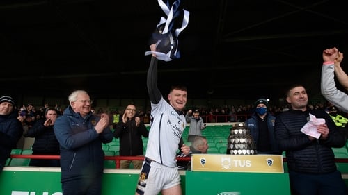 St Joseph's Tulla captain, and man of the match in the final, Ronan O'Connor lifts the Harty Cup
