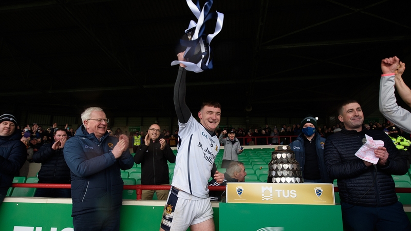 St Joseph's Tulla captain, and man of the match in the final, Ronan O'Connor lifts the Harty Cup