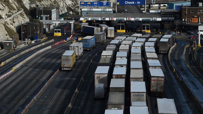 Trucks queue at Dover on England's south coast before boarding a ferry to mainland Europe