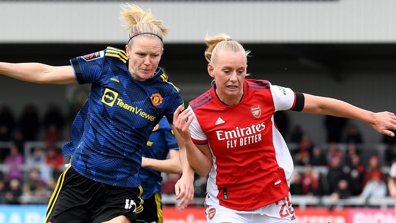 Diane Caldwell (L) in action against Arsenal's Stina Blackstenius.