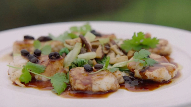 Neven's peppered monkfish with Pok Choi & Chinese black bean sauce