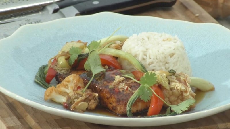 Neven's Cajun crusted Irish organic salmon with vegetable ragout