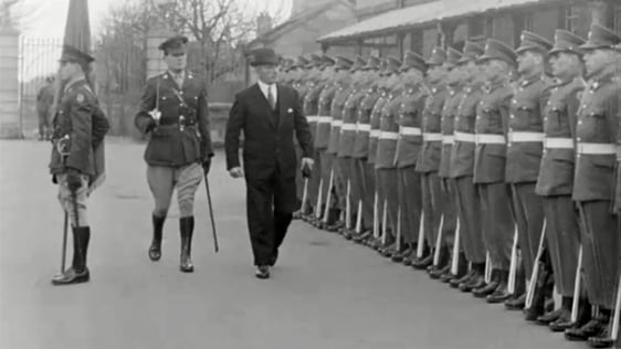 The Minister for Defence Gerald Bartley inspects a guard of honour at Cathal Brugha Barracks in Dub…