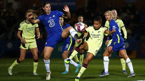 Nikita Parris of Arsenal and Chelsea's Aniek Nouwen battle for possession at Kingsmeadow