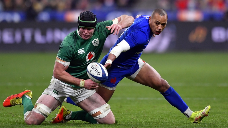 James Ryan (L) tussles with Gael Fickou.