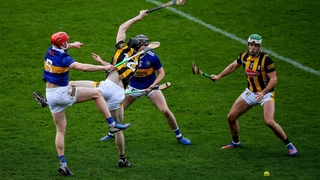 Kilkenny players Tom Phelan and Paddy Deegan contest possession with Tipperary pair Dillon Quirke and Alan Flynn.