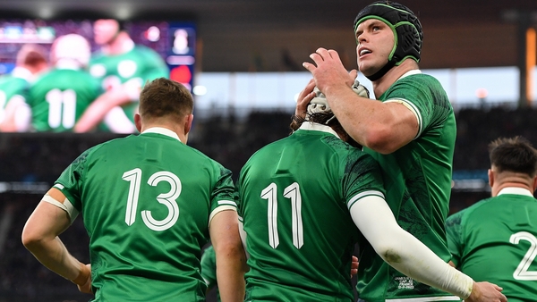 James Ryan congratulates Mack Hansen after his stunning try