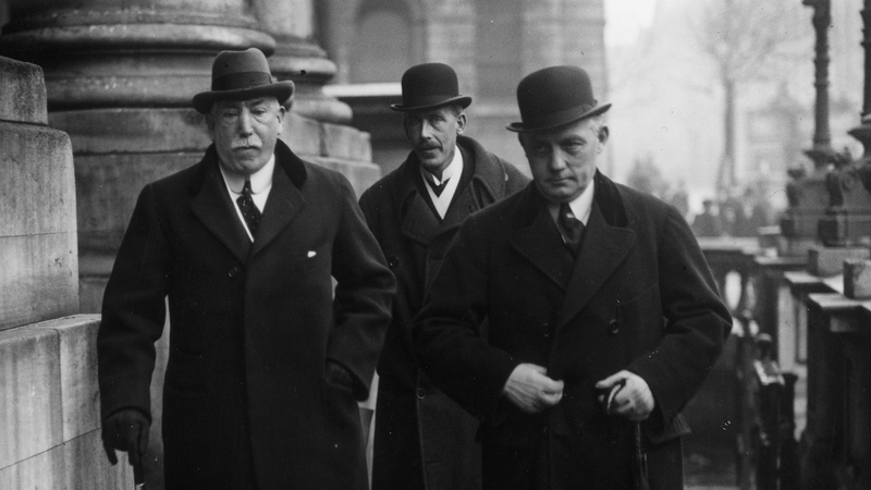 1st February 1922: James Craig, Colonel Spencer and Captain Nixon attend a conference with Michael Collins at City Hall, Dublin. Photo: Walshe/Topical Press Agency/Getty Images
