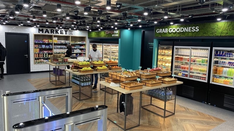 Dozens of cameras in the ceiling use vision technology to monitor every product chosen by shoppers.