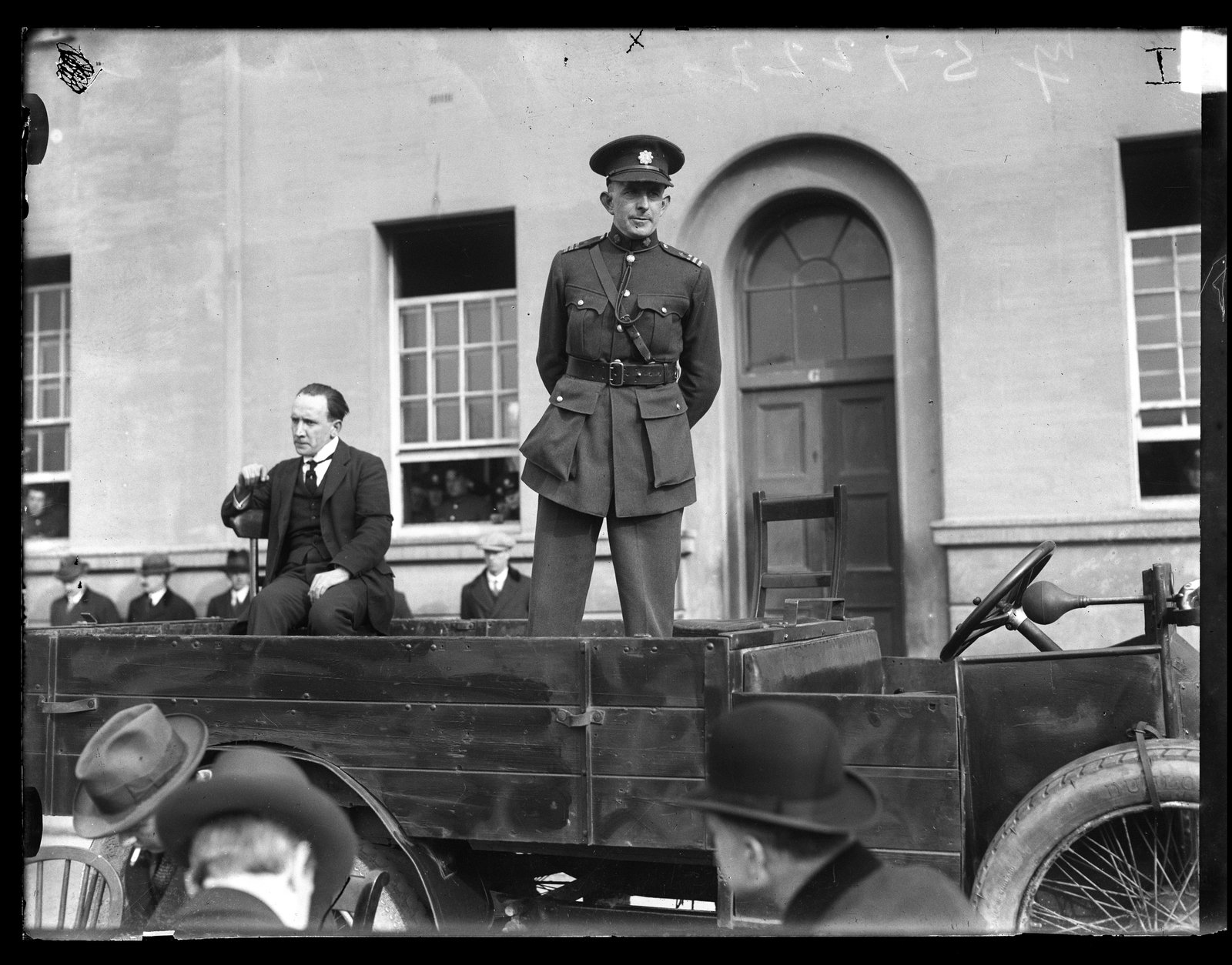 'You are going out unarmed into a hostile area. You are the first to be sent out. You may be murdered.' General O'Duffy addresses Civic Guards just before their dispersal to stations. Image: National Library of Ireland