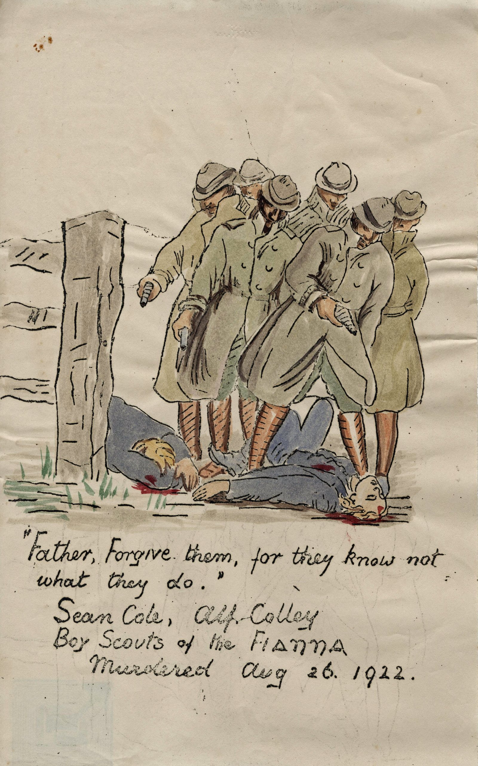 Drawing by Constance Markievicz depicting the aftermath of two notorious killings of Republican activists by men, CID or army from Oriel House. Image: Dublin City Libraries and Archives
