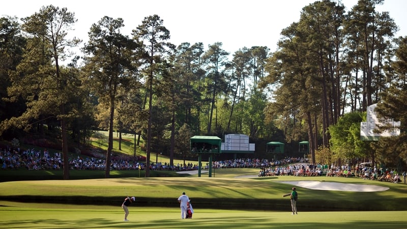 Marc Leishman of Australia plays a shot on the 15th hole at Augusta