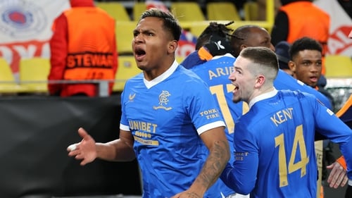 Alfredo Morelos celebrates after making it 4-1 to Rangers.
