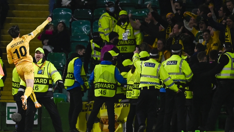 Bodo/Glimt's Hugo Vetlesen celebrates making it 3-1 at Celtic Park.