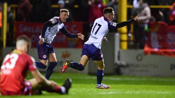 Darragh Burns of St Patrick's Athletic celebrates his goal against Shels.