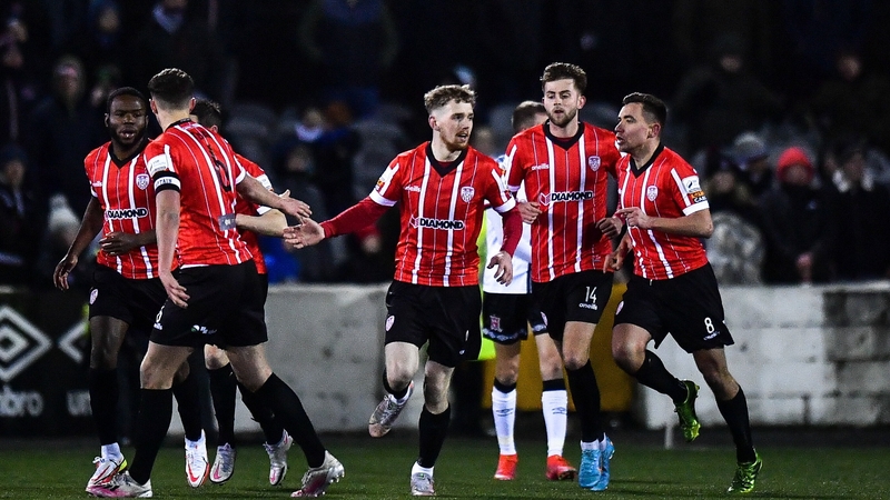 Derry City celebrate Jack McGonigle's equaliser.