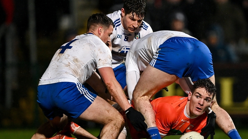 Jarly Óg Burns of Armagh in action against Monaghan players, from left, Ryan Wylie, Darren Hughes and Conor Boyle
