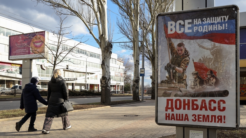 A poster in Donetsk reads "All to defend homeland" and "Donbass is our land"