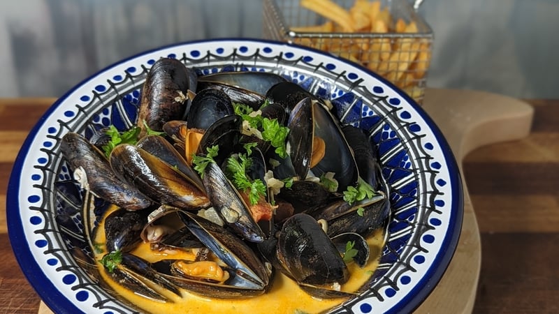 Mussels with smoked chorizo, cider and cream.