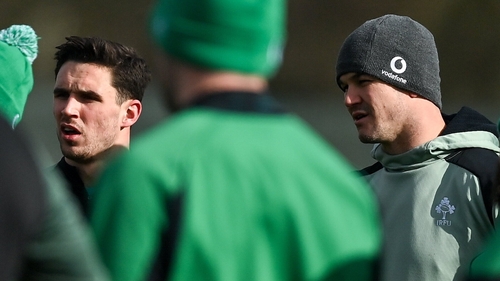 Joey Carbery and Johnny Sexton pictured at training on Thursday