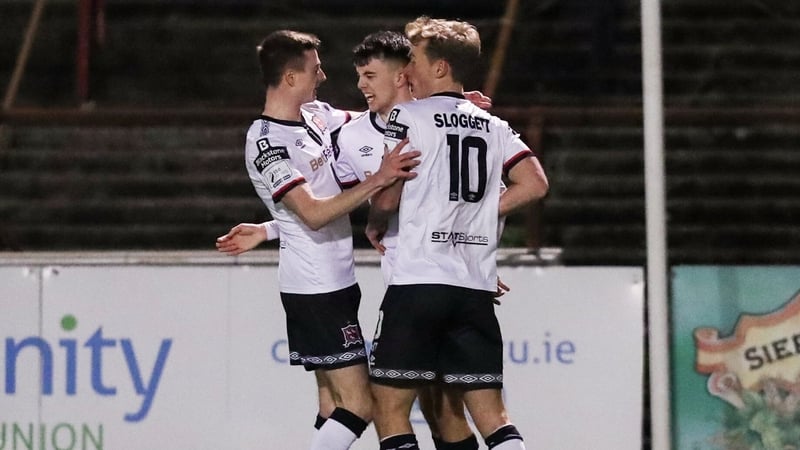 Dundalk's Steven Bradley, centre, celebrates after scoring his side's second goal