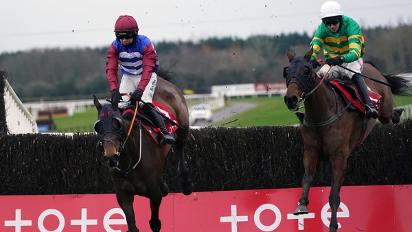 Escaria Ten leads eventual winner Any Second Now over the last in the Bobbyjo at Fairyhouse on Saturday