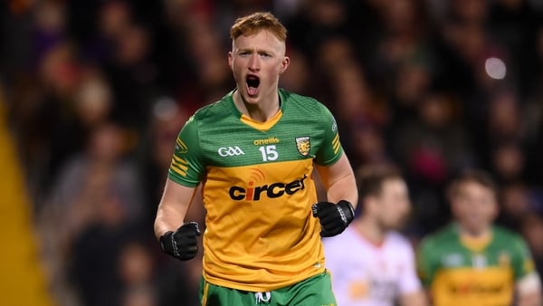 Oisin Gallen celebrates a point in the victory over Tyrone in Ballybofey