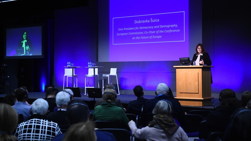 Vice President of the European Commission for Democracy and Demography Dubravka Suica makes opening remarks at the conference (Pic: Clodagh Kilcoyne)