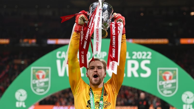 Kelleher hosts the League Cup aloft after his match-winning performance