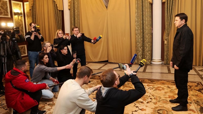 Ukrainian negotiator Mikhailo Podolyak speaks to media after talks between Ukraine and Russia